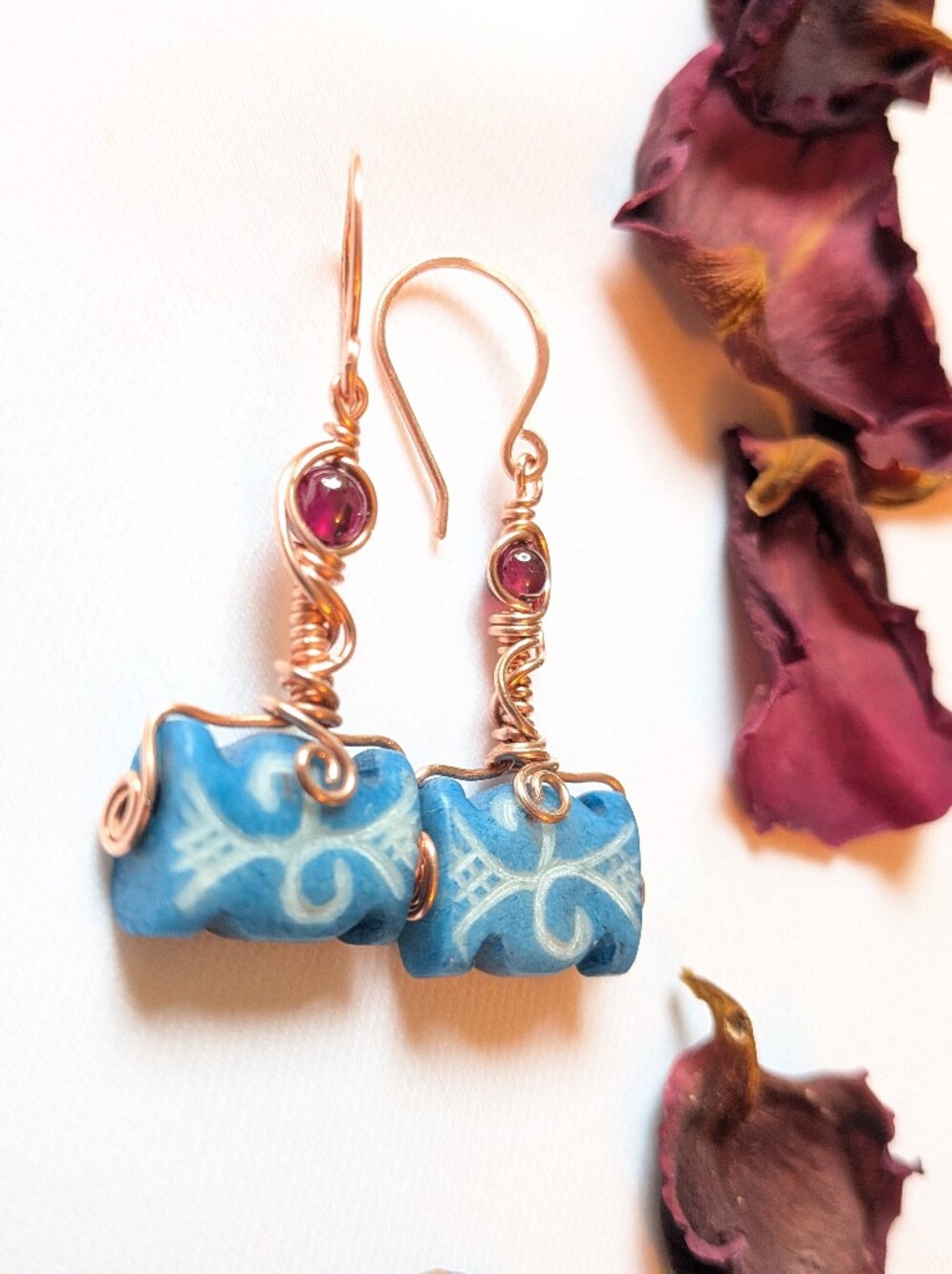 Viking Inspired Earrings Carved Vintage Glass And Garnets In Copper - Picture 16 of 16
